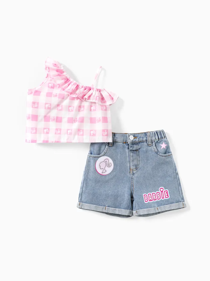Barbie 2pcs Toddler/Kids Girls One-shoulder Checkered/Plaid Tank Top with Denim Shorts Set
