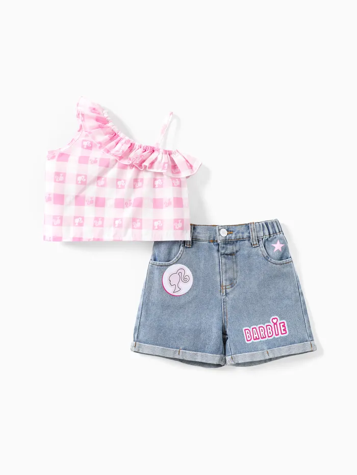 Barbie 2pcs Niño Pequeño / Niños Niñas Camiseta sin mangas a cuadros / cuadros de un solo hombro con conjunto de pantalones cortos de mezclilla
