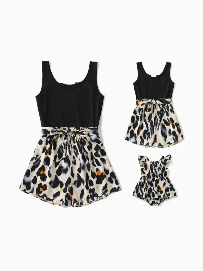 Black Ribbed U Neck Sleeveless Belted Splicing Leopard Romper for Mom and Me