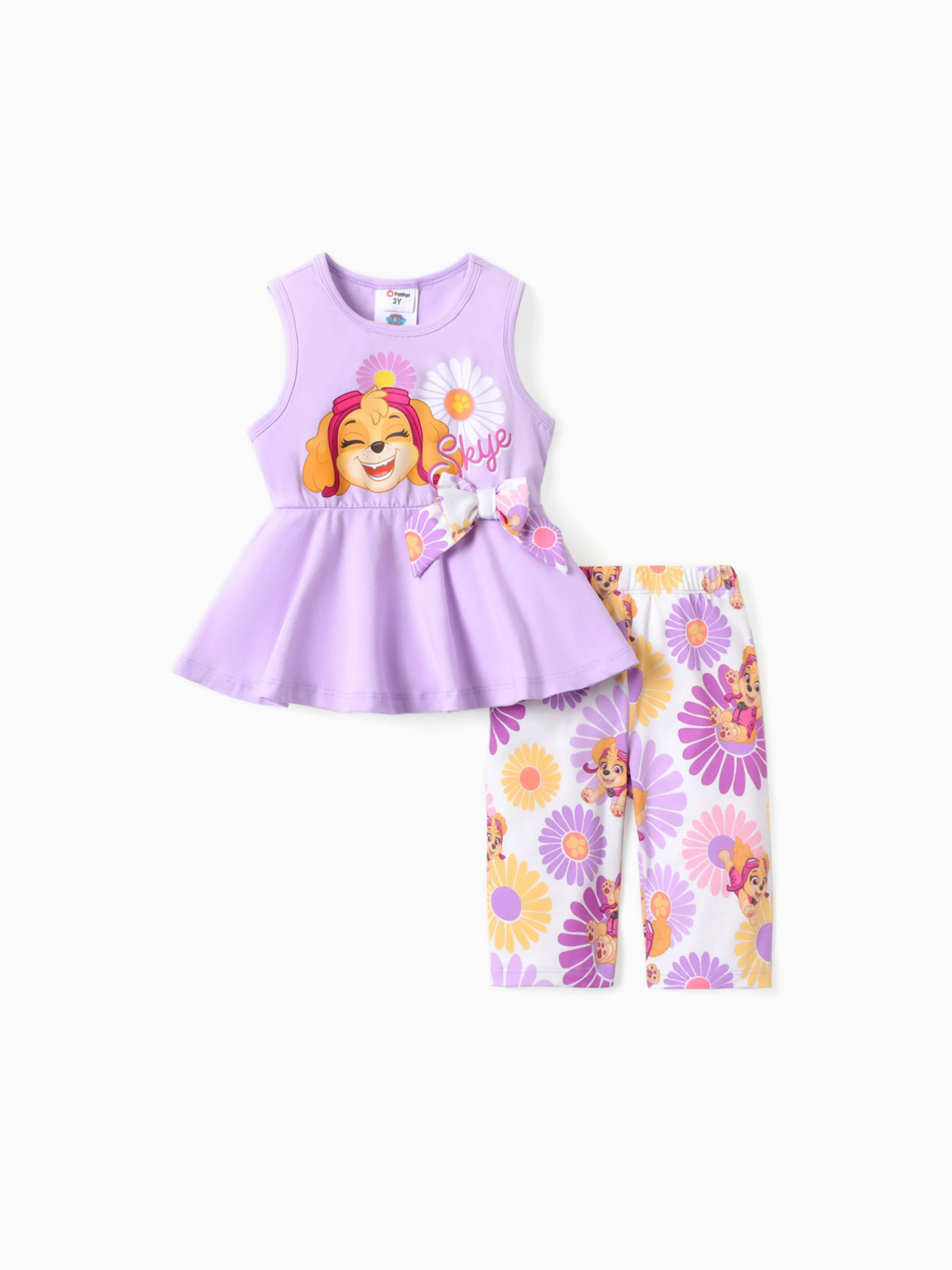 PAW Patrol 2pcs Toddler Girls Bowknot Design Camiseta sin mangas y conjunto de pantalones cortos con estampado floral

