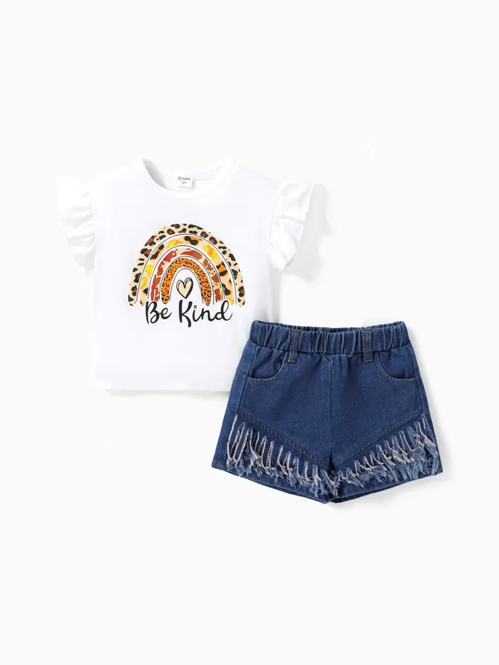 Toddler Girl 2pcs Rainbow Flutter Sleeve Top and Denim Tassel Shorts Set