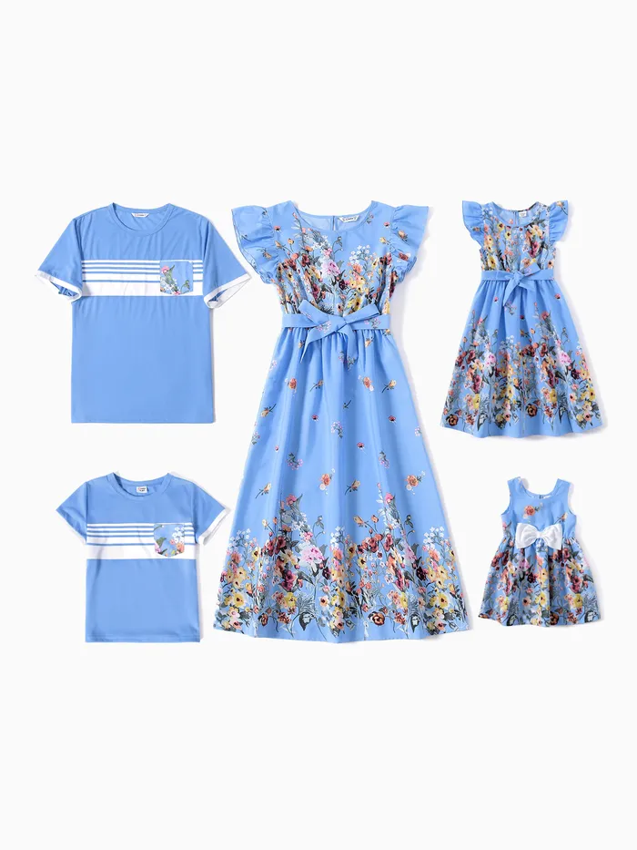 Family Matching Floral Print Ruffle-sleeve Belted Midi Dresses and Striped Short-sleeve T-shirts Sets