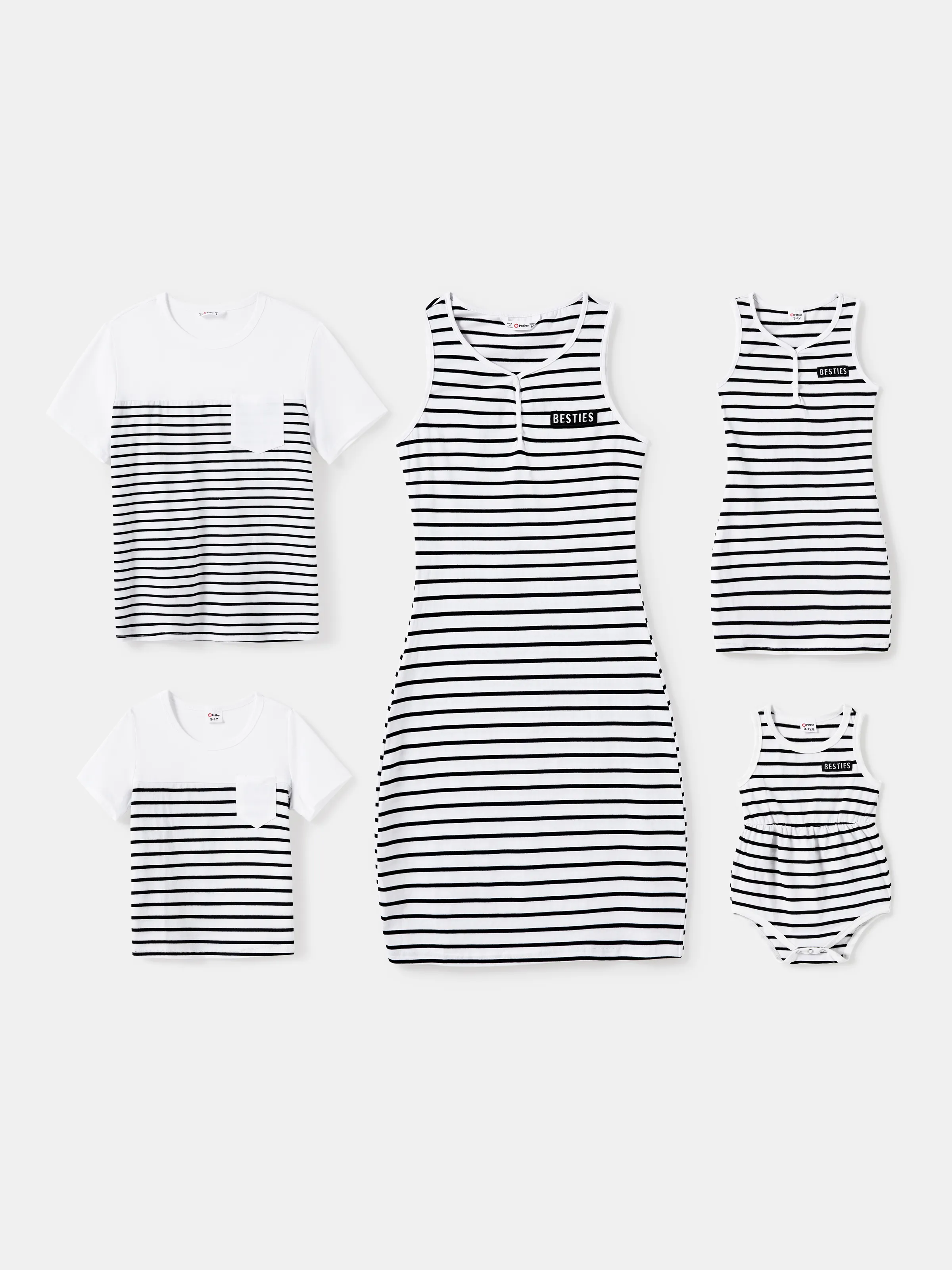 Famiglia Matching Stripe Maniche Corte Tee e Henley Neck Stripe Senza Maniche Besties Dress Set