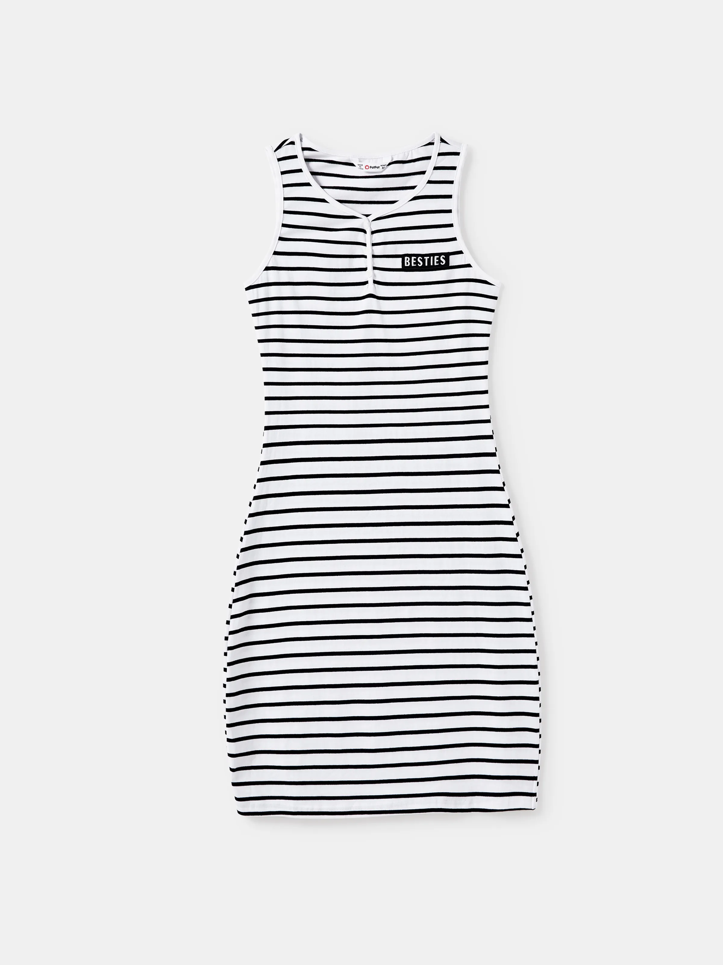 

Family Matching Stripe Short Sleeves Tee and Henley Neck Stripe Sleeveless Besties Dress Sets