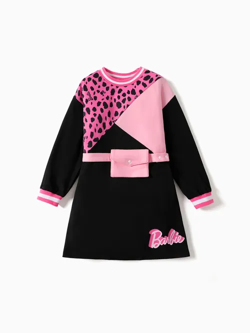 Vestido de sudadera con diseño de riñonera con estampado de leopardo/colorblock de Barbie para niña