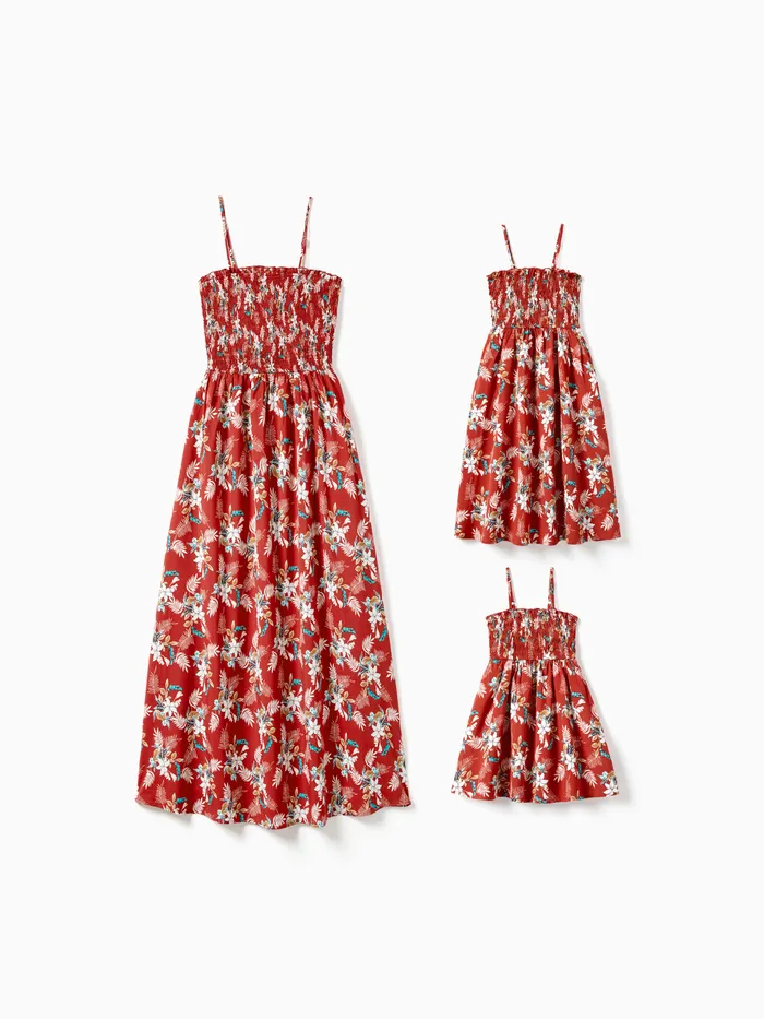 Mommy and Me Red Floral Shirred A-Line Strap Dress