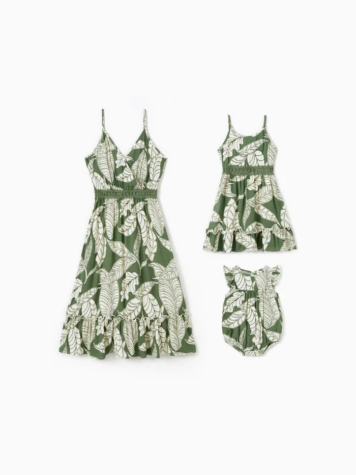 Mommy and Me Green Plant Floral Lace Hollow Out Waist Ruffle Hem Strap Dress 