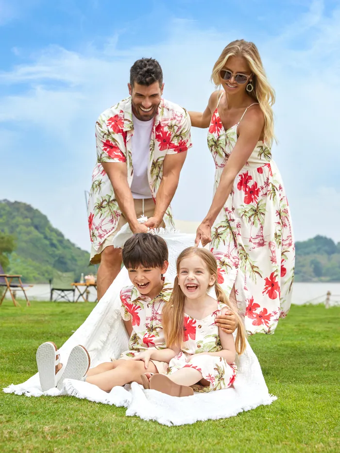 家庭配套熱帶花卉沙灘襯衫和紐扣肩帶中長連衣裙套裝