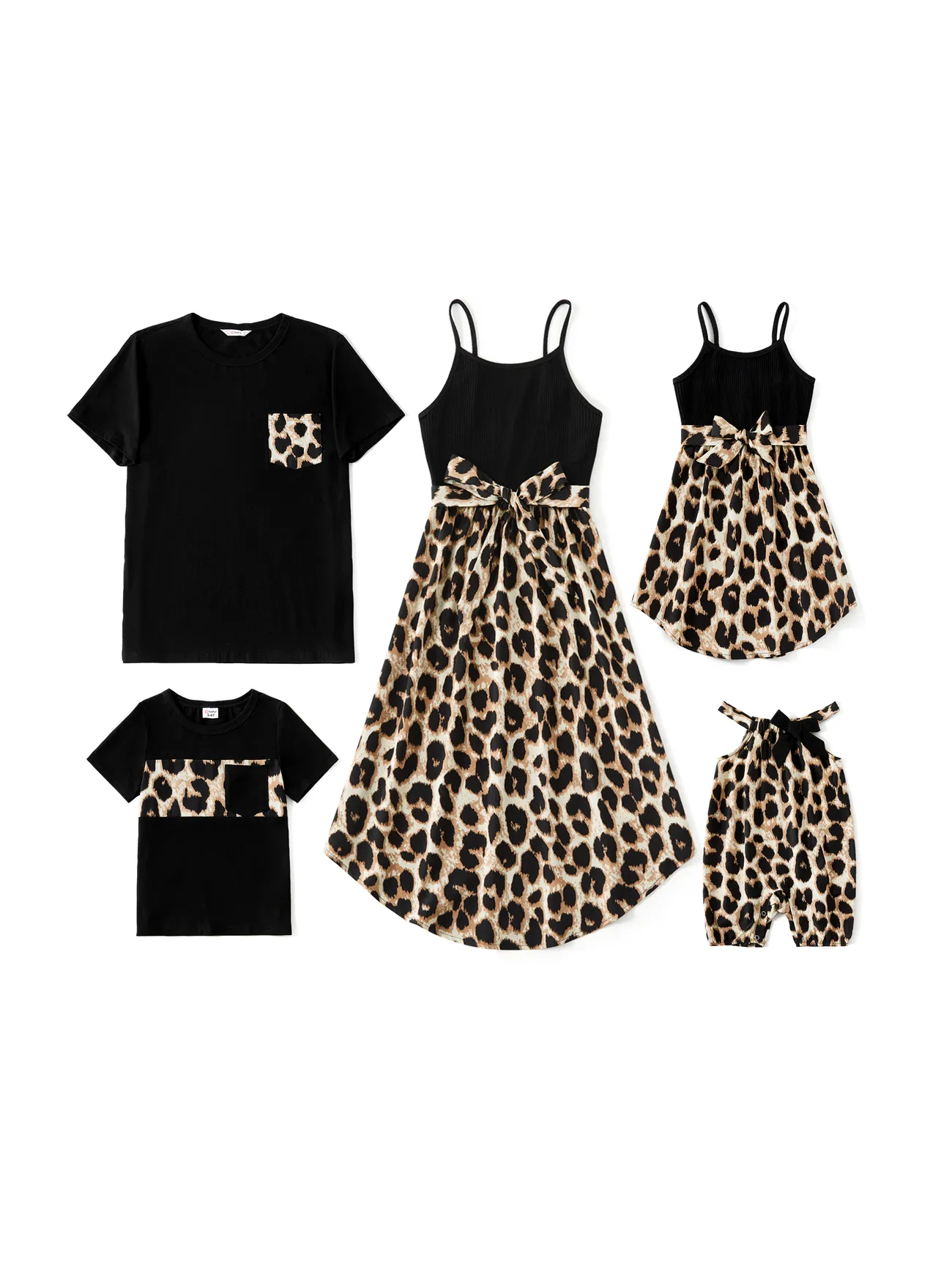 Family Matching 95% Cotton Short-sleeve T-shirts and Rib Knit Spliced Leopard Belted Cami Dresses Sets - Black - image 1