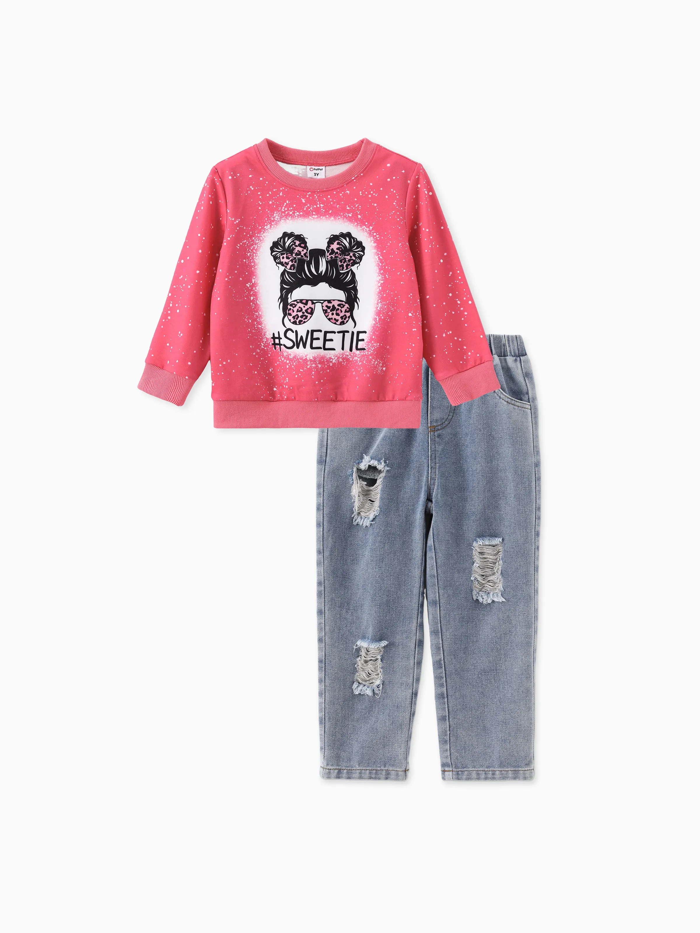 

Toddler Girl 2pcs Character Print Sweatshirt and Denim Ripped Pants Set