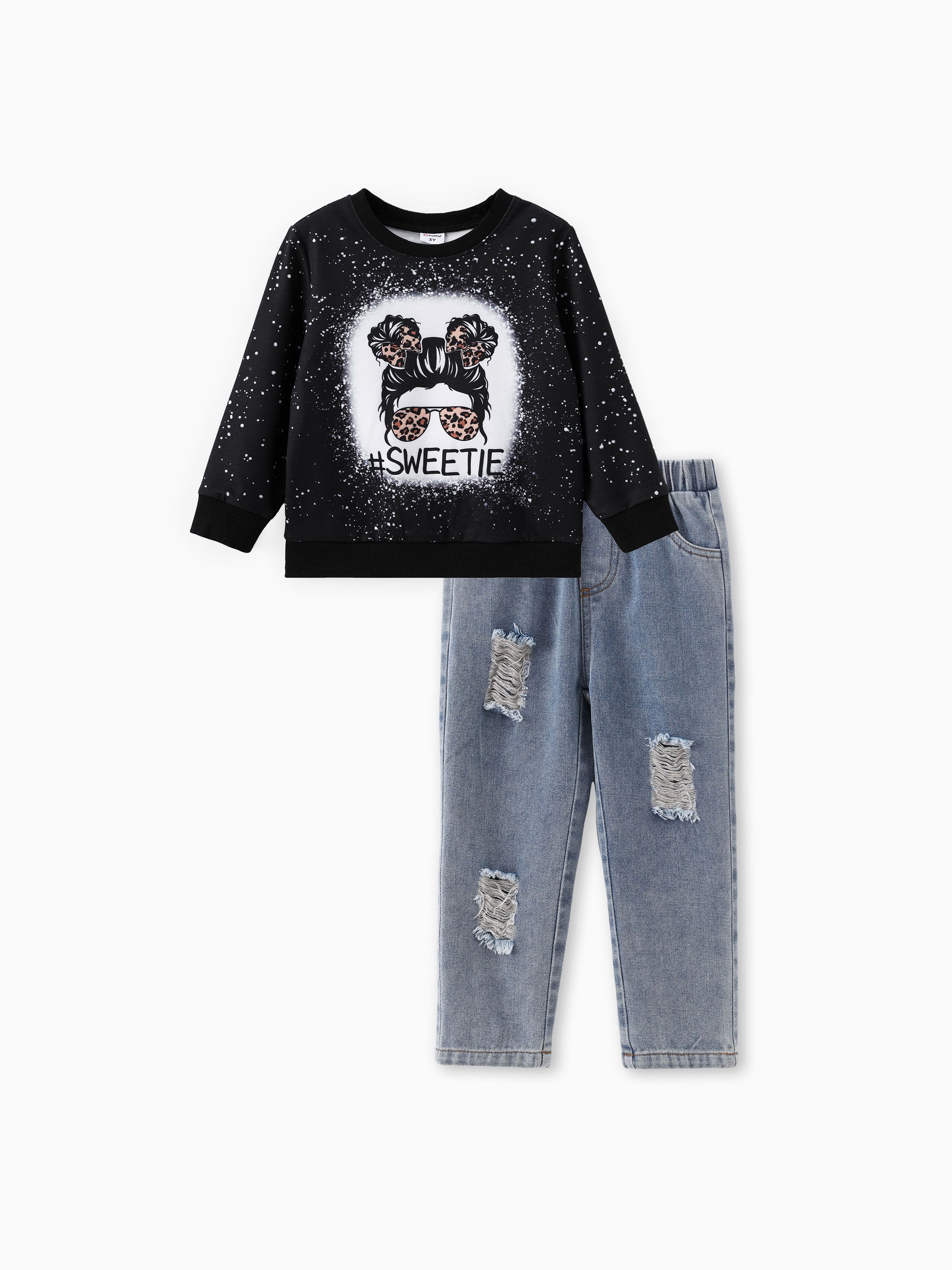 

Toddler Girl 2pcs Character Print Sweatshirt and Denim Ripped Pants Set