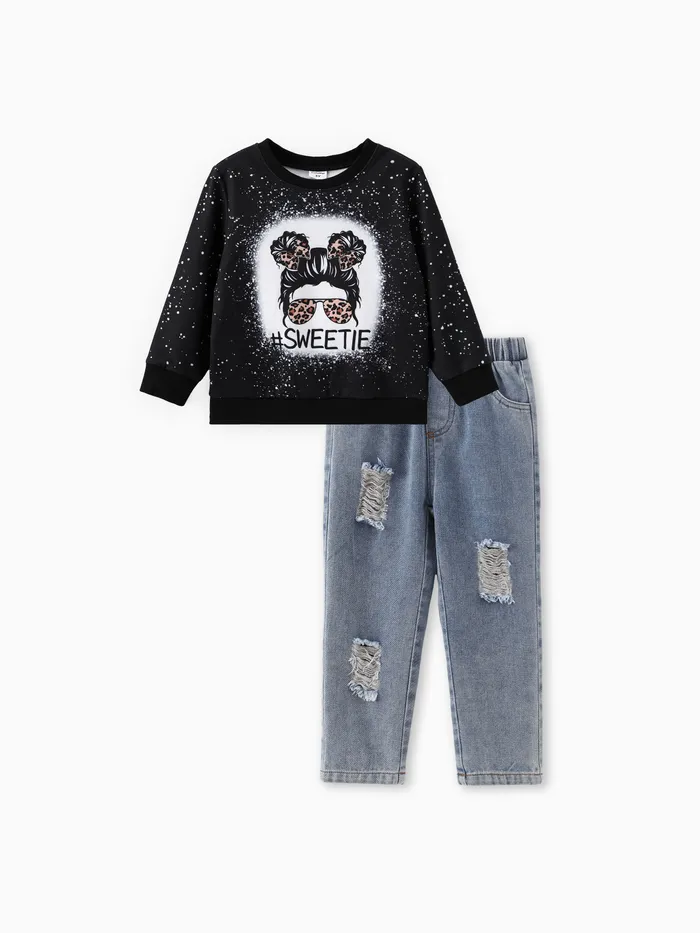 Toddler Girl 2pcs Character Print Sweatshirt and Denim Ripped Pants Set