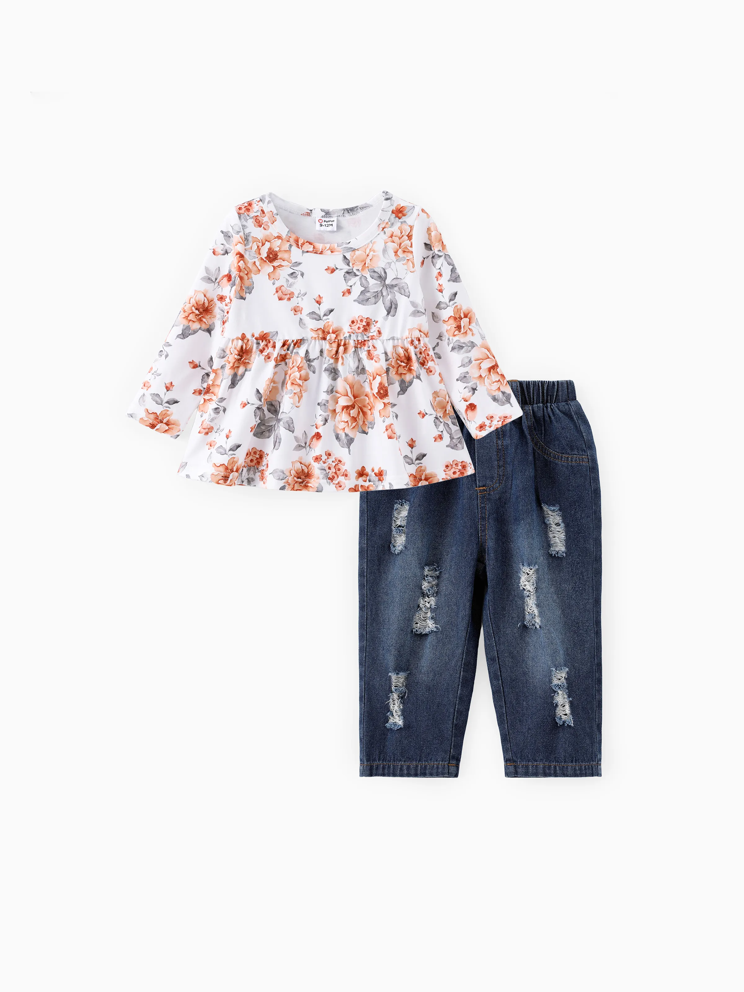 Baby Mädchen 2pcs süßes Blumendruck gerüschtes Top und Denim Ripped Jeans Set