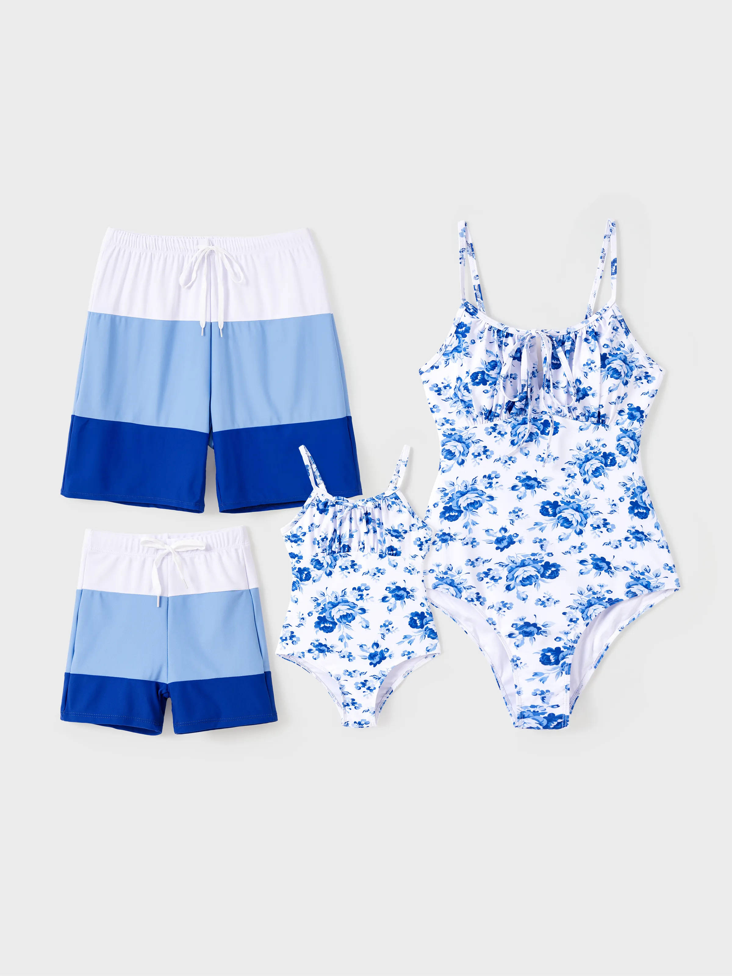 Family Matching Color Block Drawstring Swim Trunks or Floral Ruched One-Piece Swimsuit