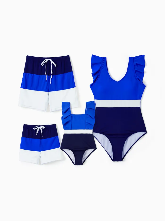 UPF50+ Family Matching Swimsuit Colorblock Drawstring Swim Trunks or Ruffle Trim One-Piece Swimsuit (Sun-Protective)