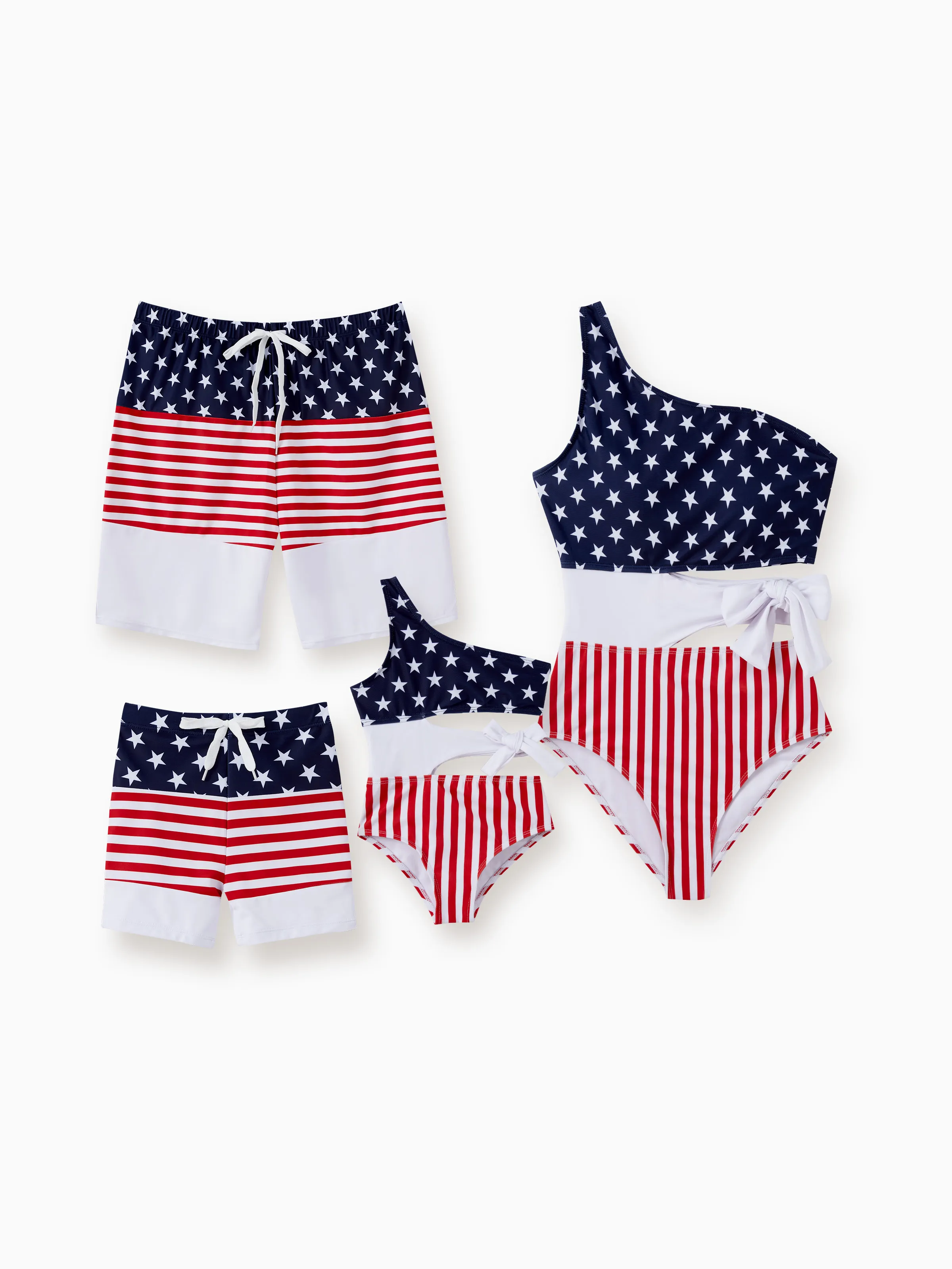 Independence Day Family Matching Color Block Drawstring Swim Trunks or American Flag One Shoulder Tie Waist One-Piece Swimsuit