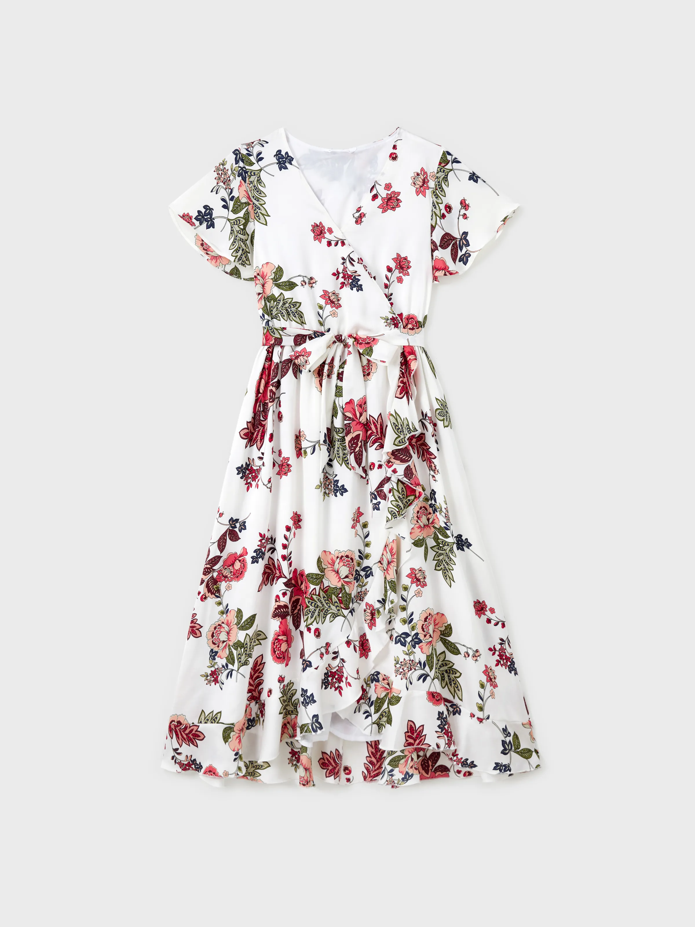 

Mommy and Me Ruffle Trim Belted Floral High-Low Wrap Bottom Dress