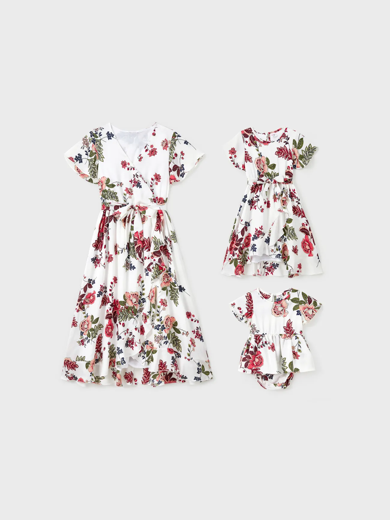 Mommy and Me Matching White Dresses Floral Print Ruffle Trim (Short Sleeves) - White - image 1
