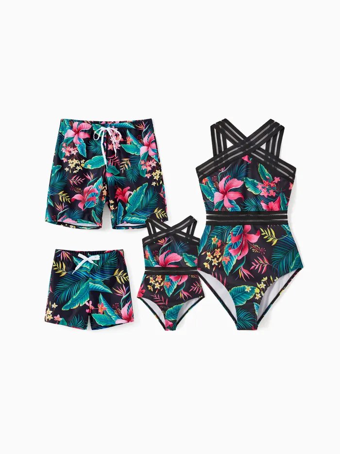 Family Matching Allover Plant Print Crisscross One-Piece Swimsuit and Swim Trunks