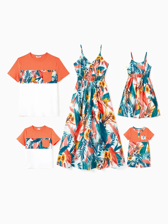 Family Matching Sets Floral Panel Tee or Smocked Waist Floral Strap Dress with Hidden Snap