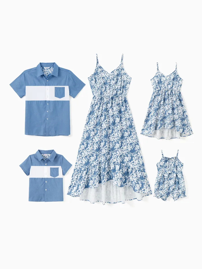 Family Matching Sets Blue Color Block Shirt or Button Up Ruffle Hem Floral Strap Dress 