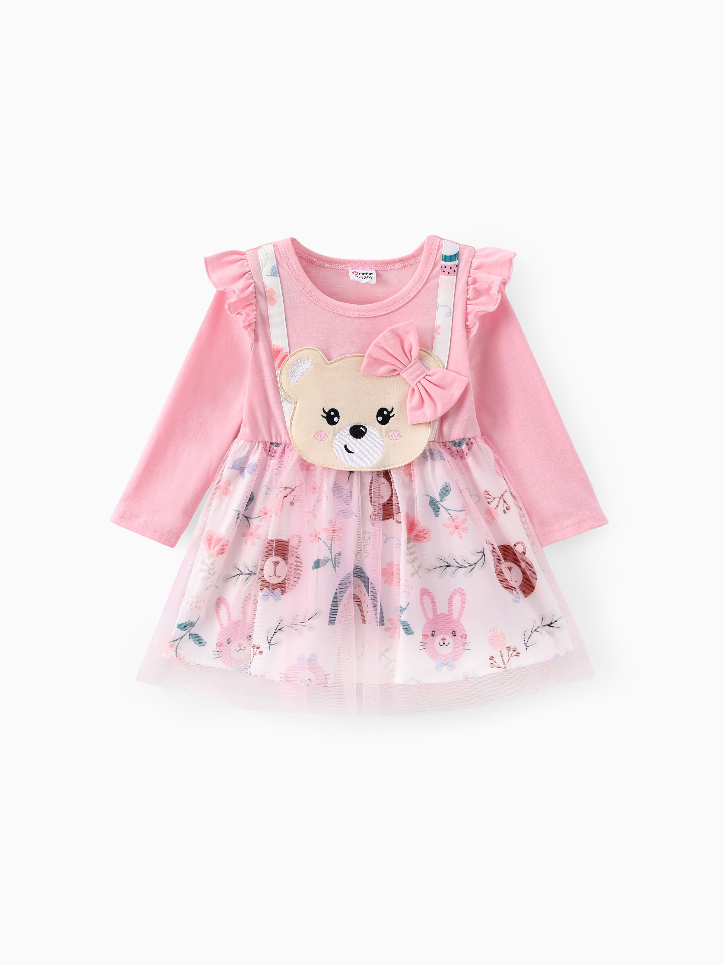 

Baby Girl Bear Embroidered Faux-two Mesh Dress