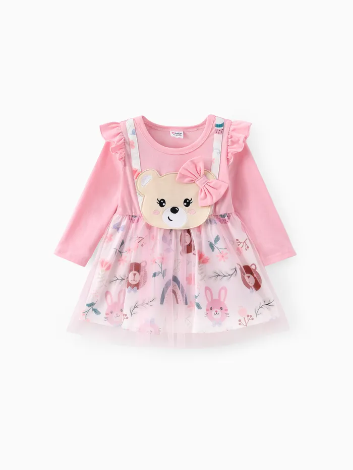 Baby Girl Bear Embroidered Faux-two Mesh Dress