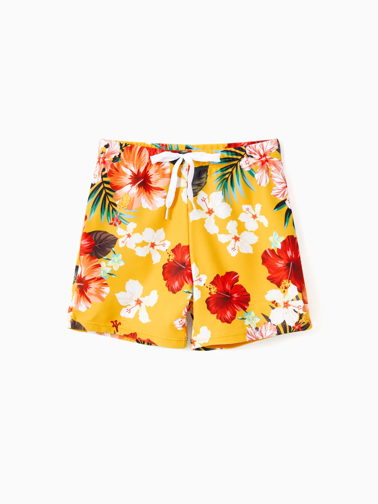 

Family Matching Floral Drawstring Swim Trunks or Flowy Spliced Mesh Swim Dress with Triangle Swim Bottom