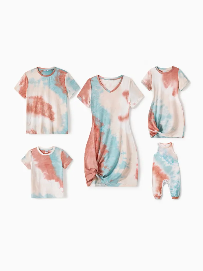 Family Matching Colorblock Tie Dye Twist Knot Bodycon Dresses and Short-sleeve T-shirts Sets