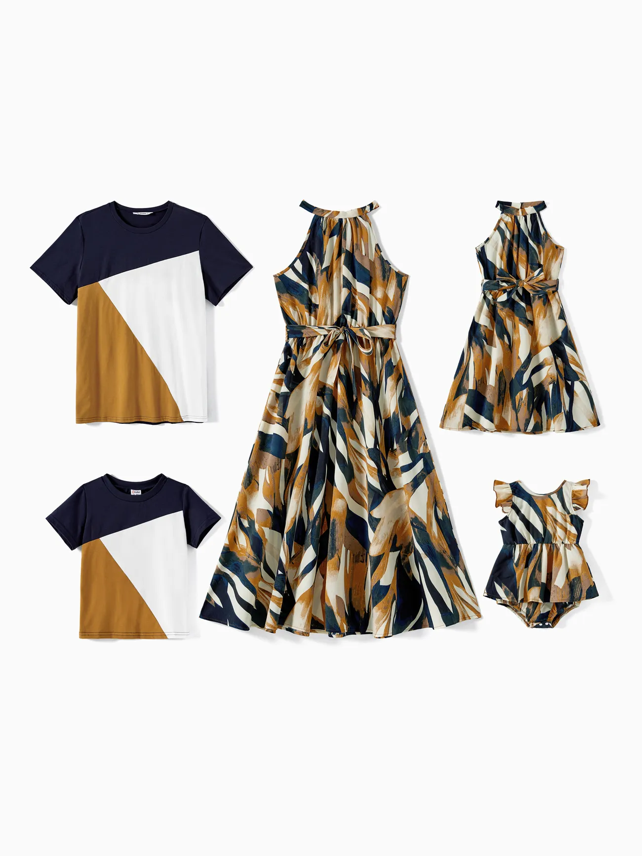 Family Matching Allover Geo Print Halter Belted Midi Dresses and Short-sleeve Colorblock T-shirts Sets - Colorful - image 1