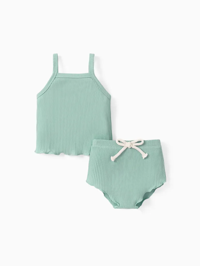 2pcs Baby Girl Plain Ribbed Cotton Camisole and Shorts Set