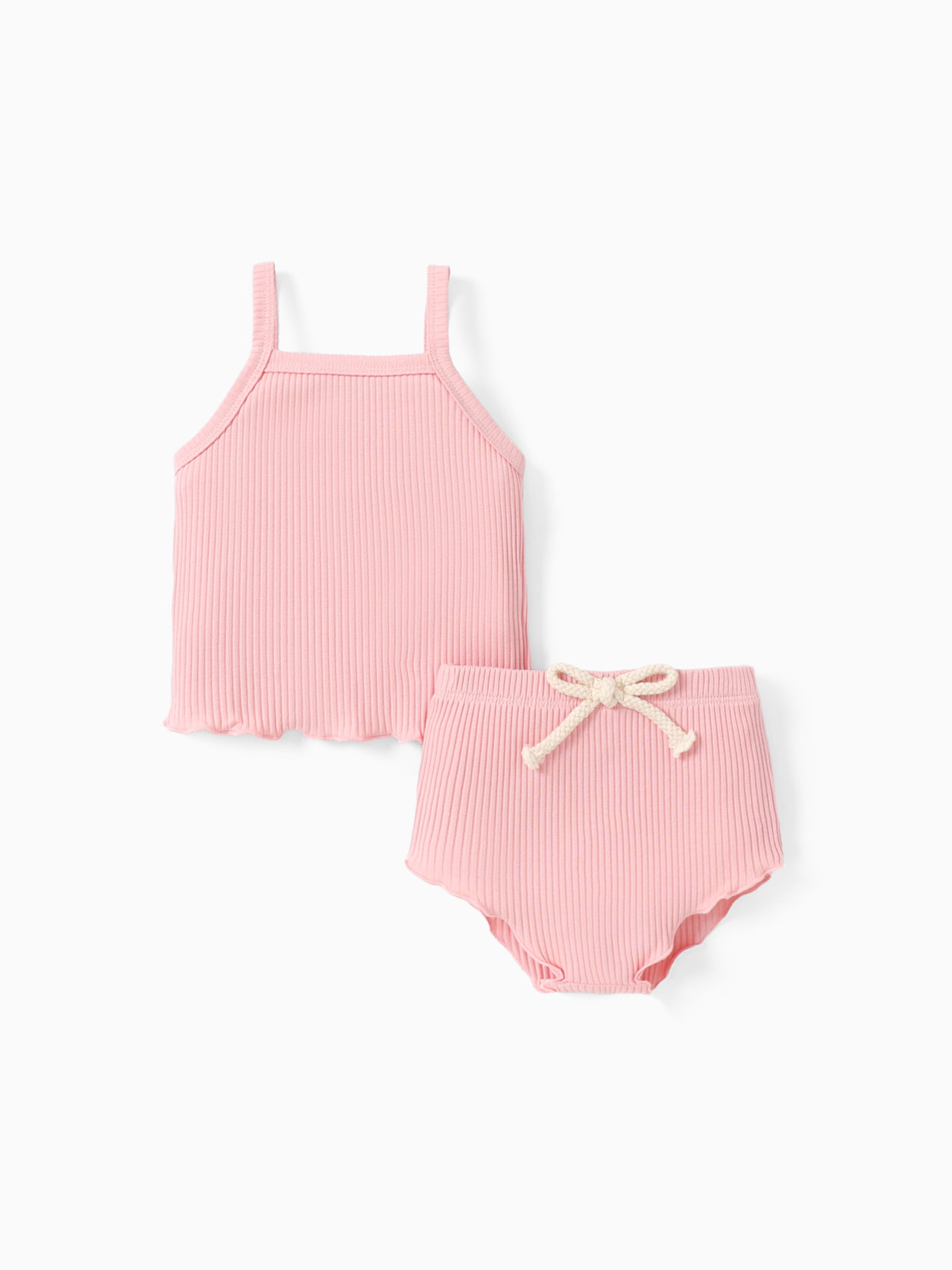 

2pcs Baby Girl Plain Ribbed Cotton Camisole and Shorts Set