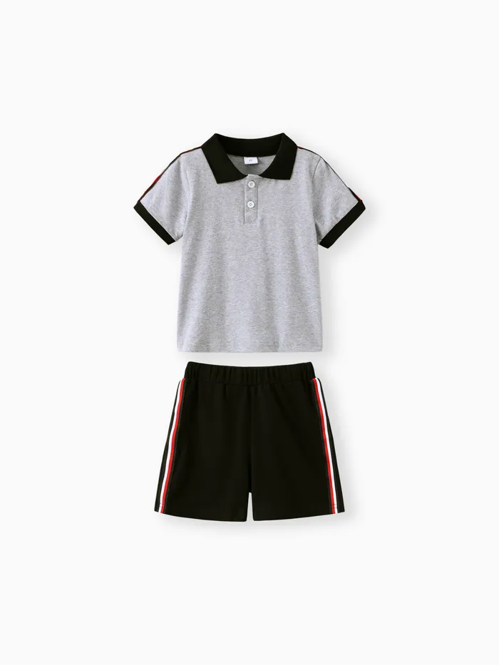 2pcs Toddler Boy Casual Colorblock Striped Polo Shirt and Shorts Set