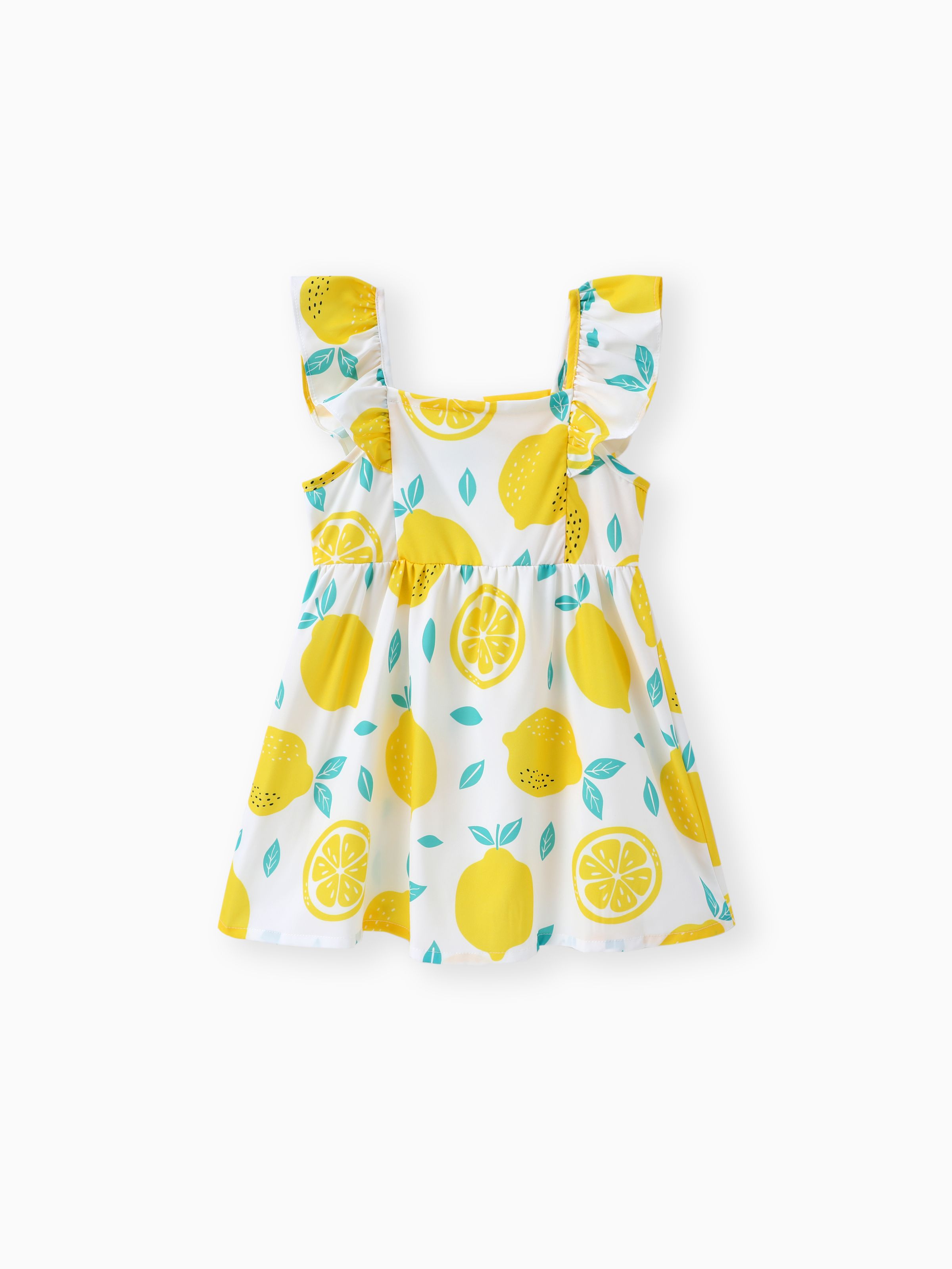 Vestido de manga aleteada con estampado de limón y diseño de botones para niña pequeña