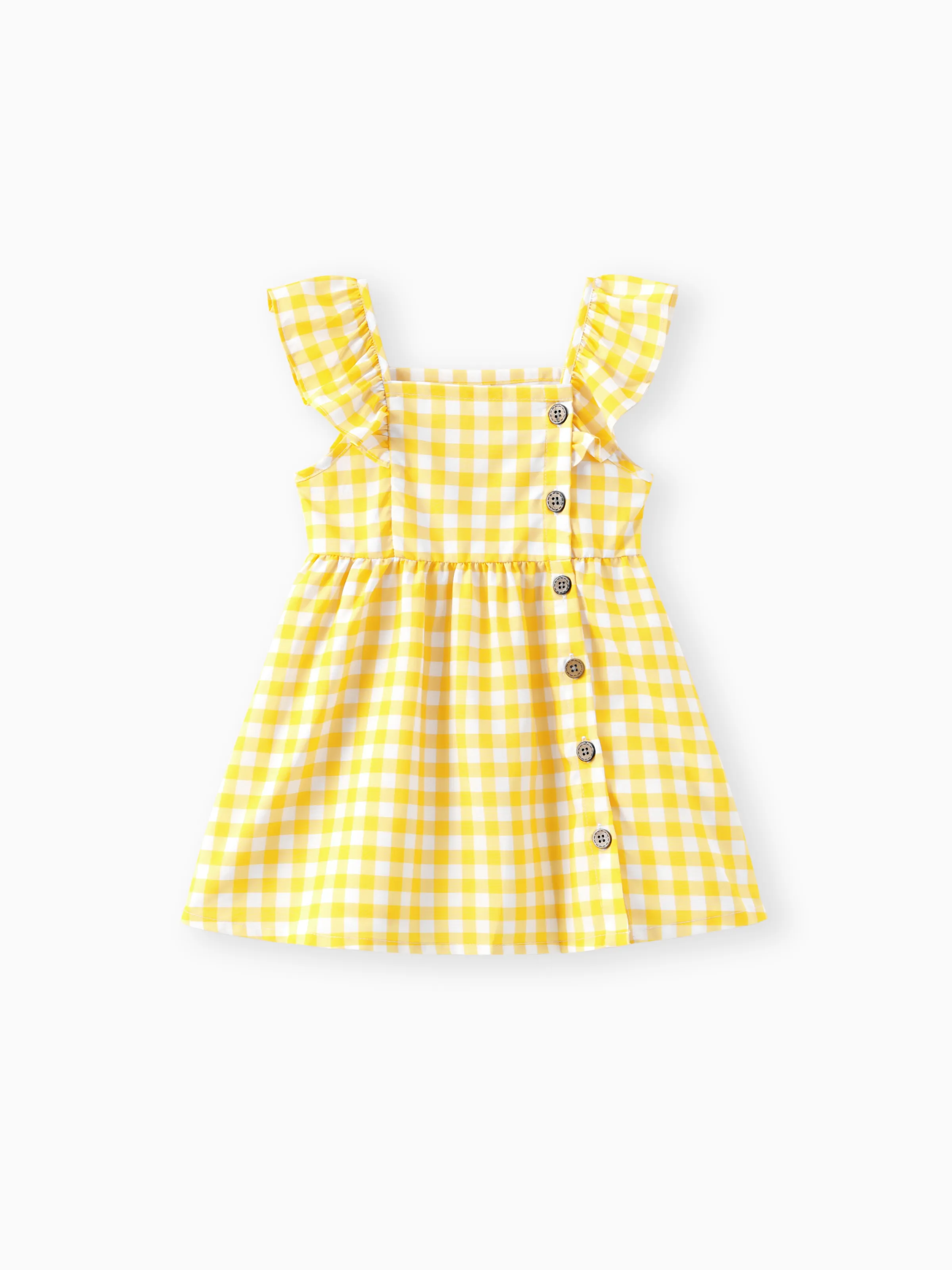 

Toddler Girl Button Design Lemon Print/Plaid Flutter-sleeve Dress