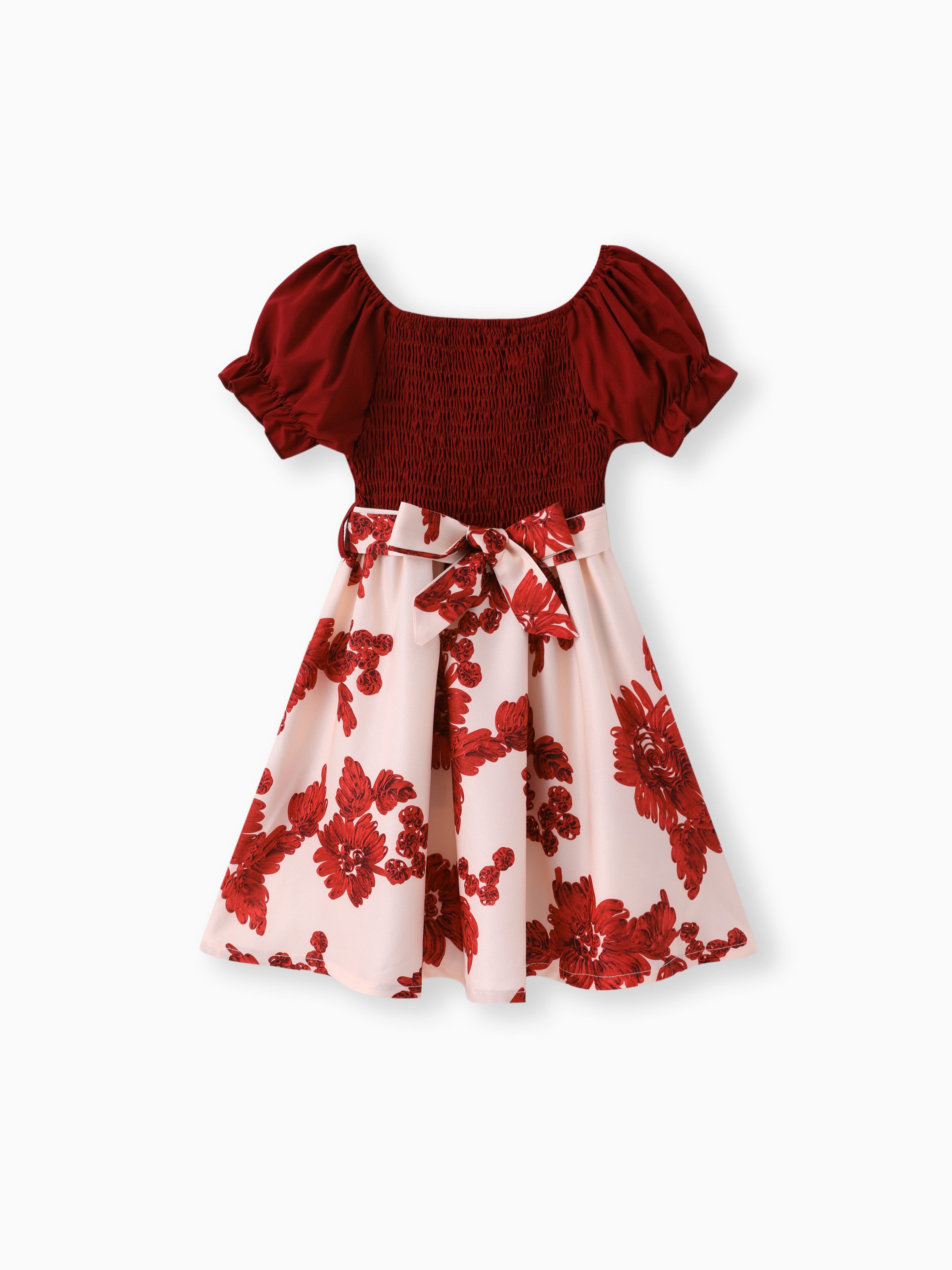 

Toddler Girl Sweet Floral Print Smocked Belted Dress