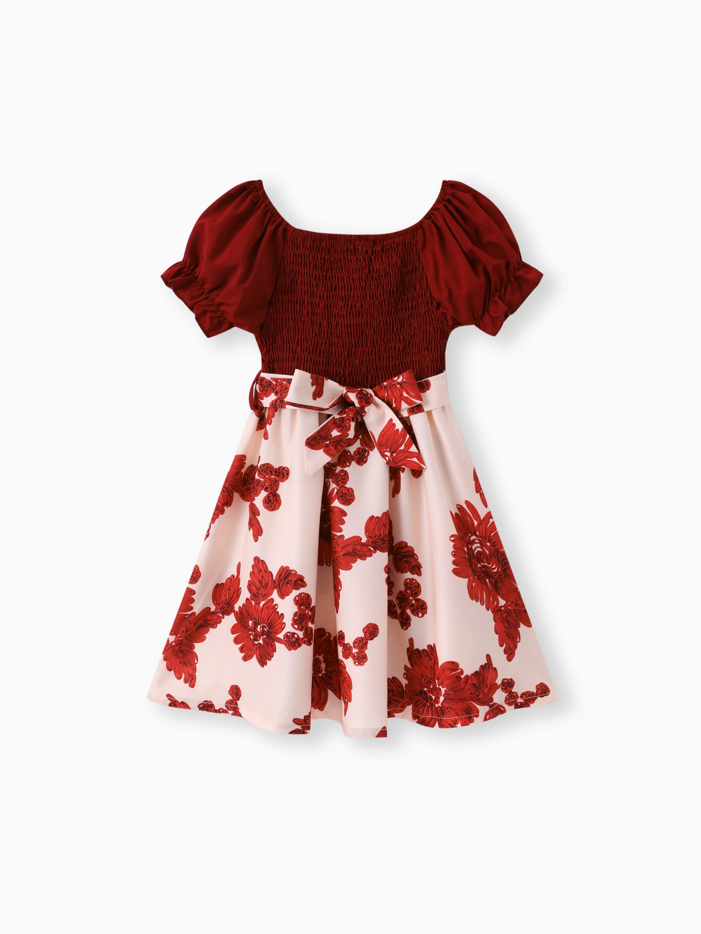 

Toddler Girl Sweet Floral Print Smocked Belted Dress