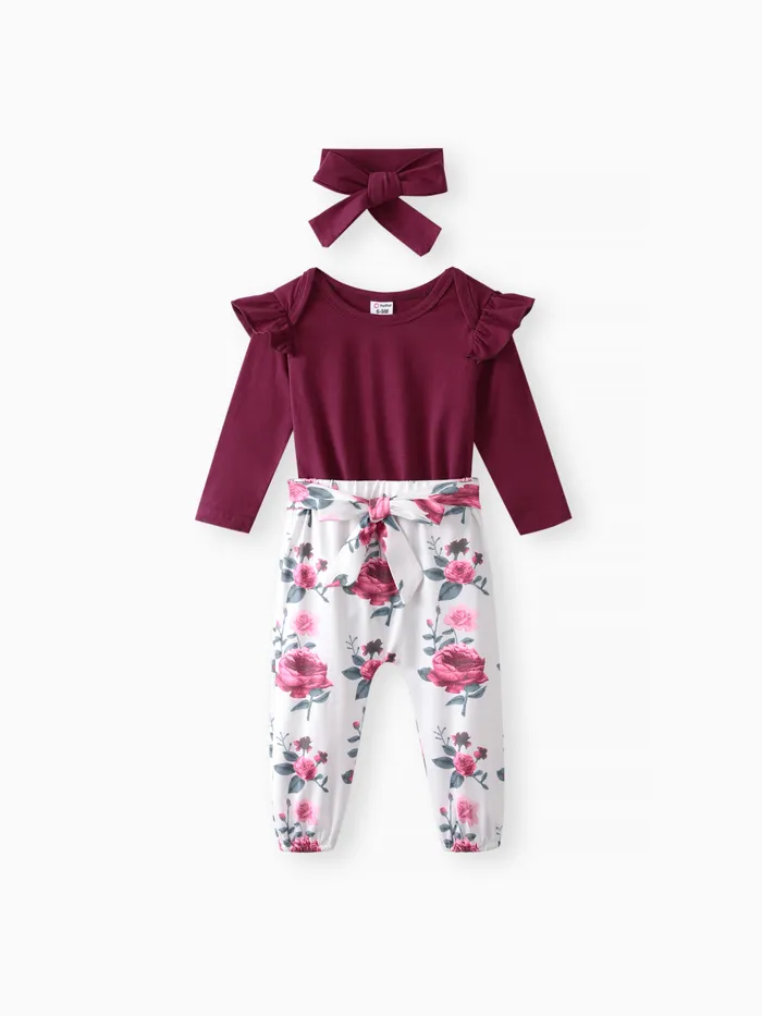 3pcs Baby Girl 95% Cotton Ruffle Long-sleeve Romper and Floral Print Pants with Headband Set