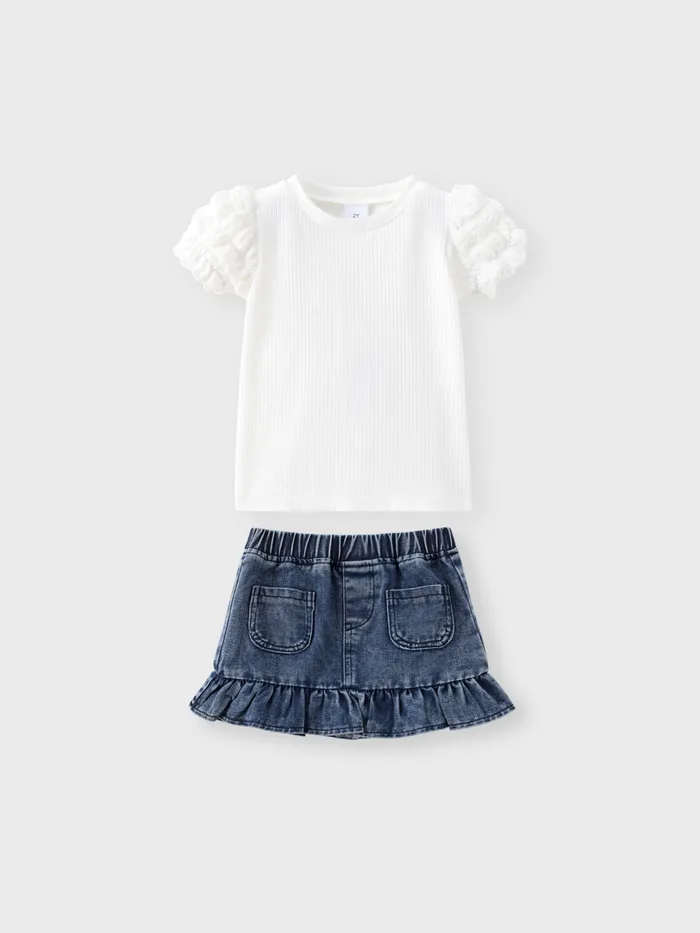 Toddler Girl 2pcs Puff-sleeve Tee and Denim Ruffled Skirt Set