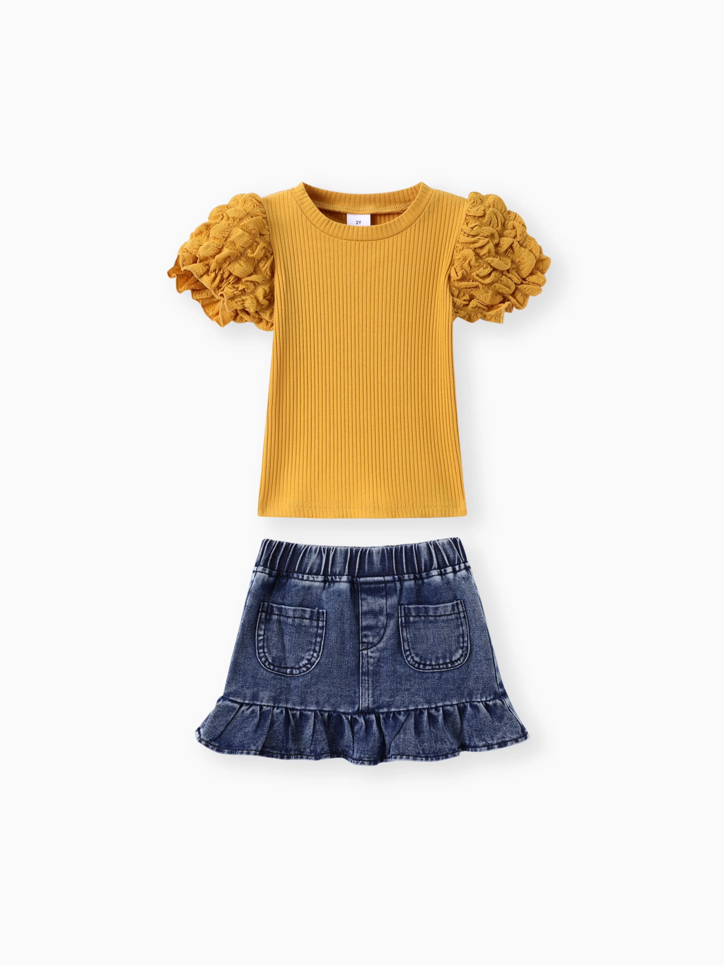 

Toddler Girl 2pcs Puff-sleeve Tee and Denim Ruffled Skirt Set