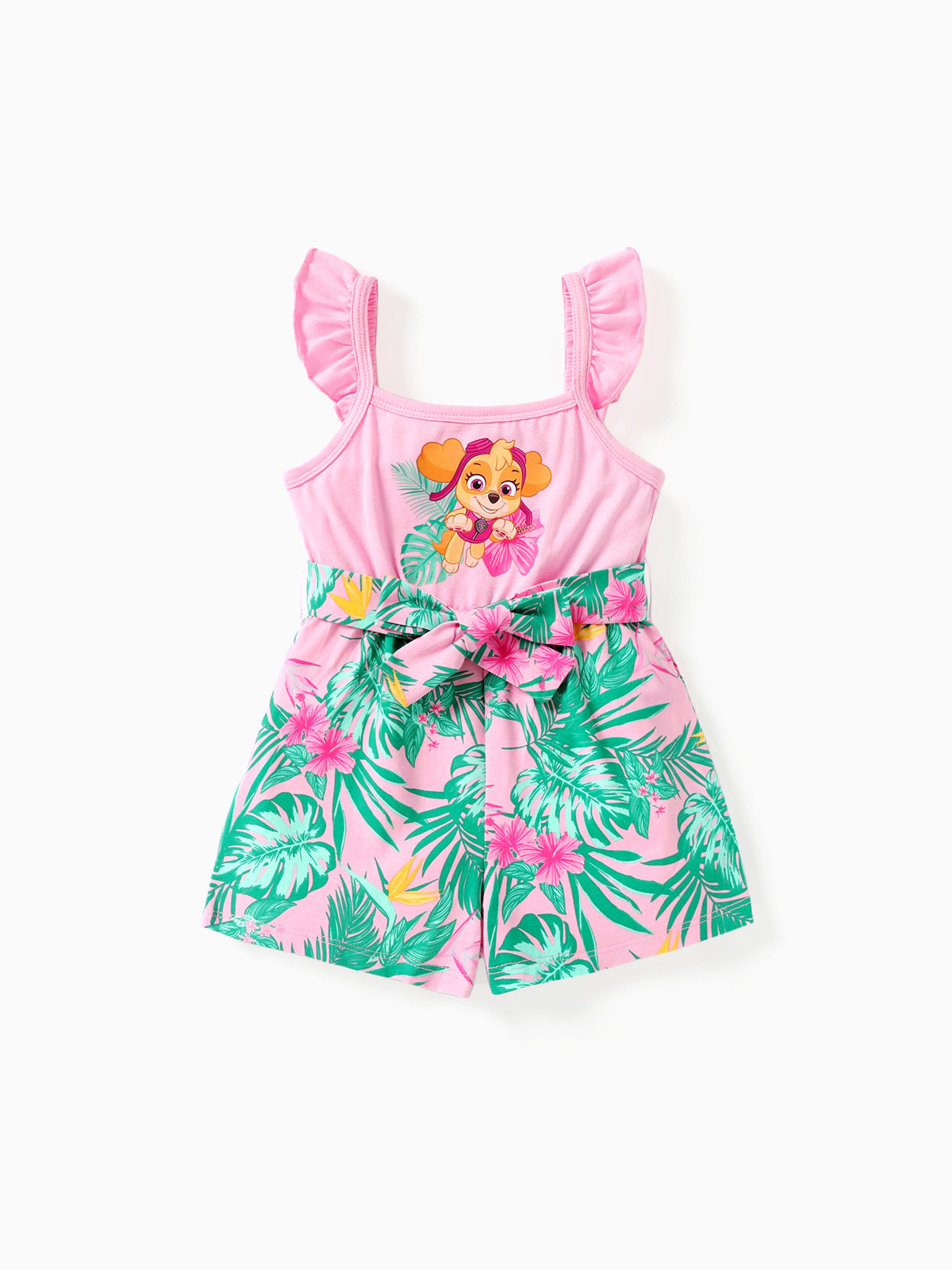 

PAW Patrol Toddler Girl Skye Cotton Floral Print Splice Belted Sleeveless Ropmers