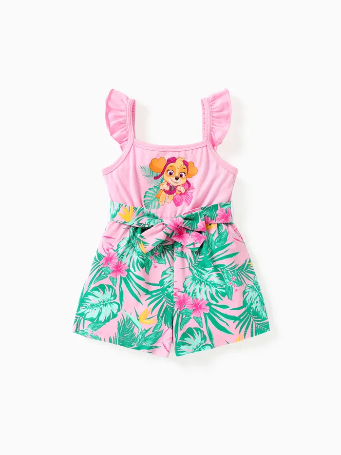 PAW Patrol Toddler Girl Cotton Floral Print Splice Belted Sleeveless Ropmers
