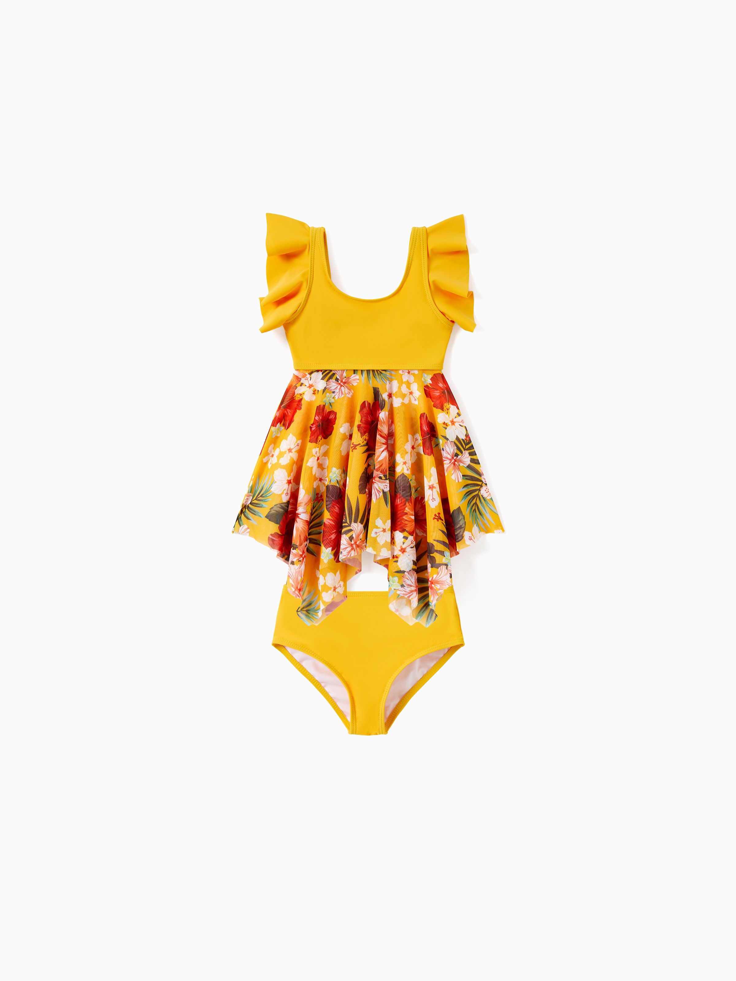 

Family Matching Floral Drawstring Swim Trunks or Flowy Spliced Mesh Swim Dress with Triangle Swim Bottom