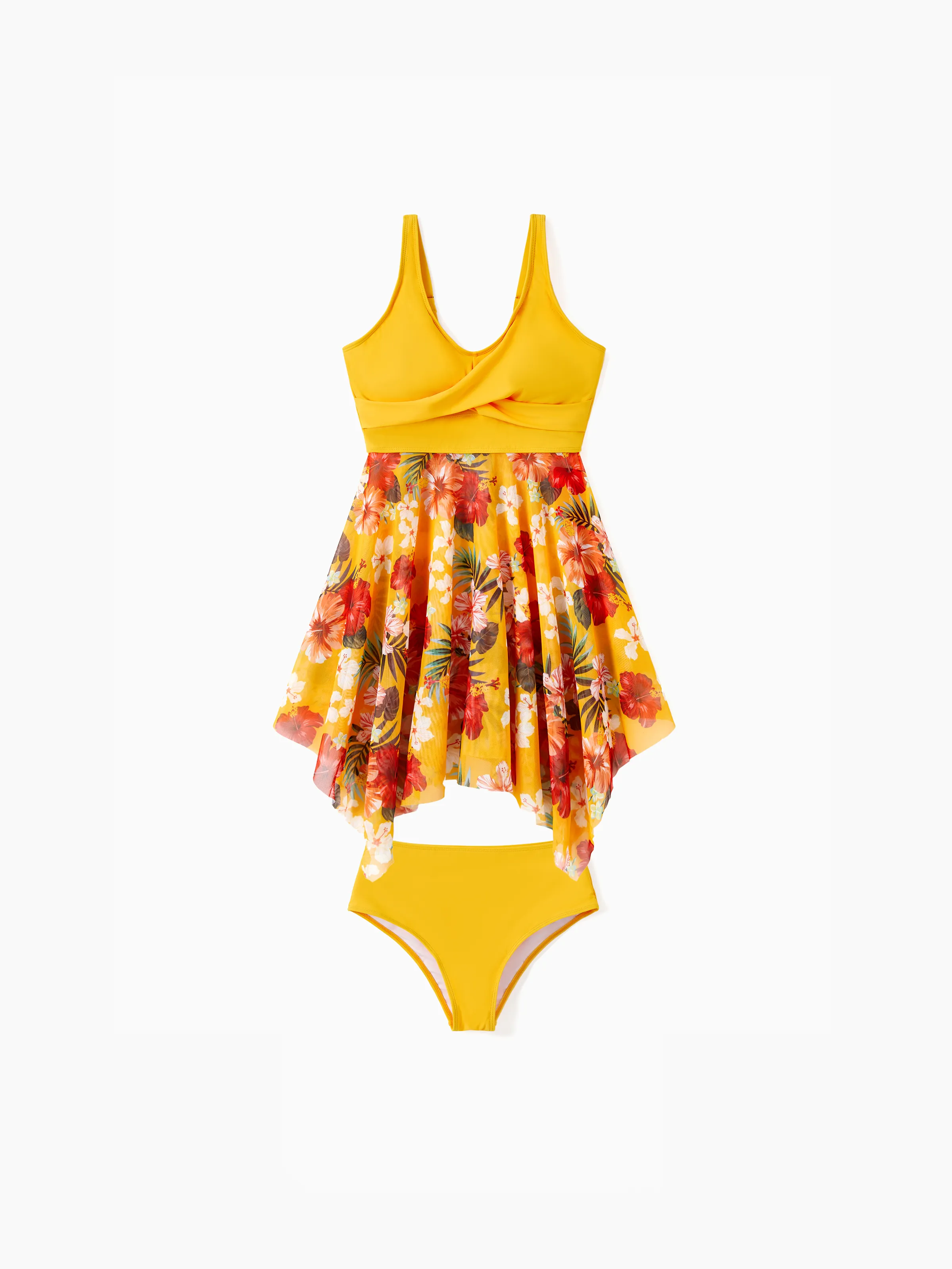 

Family Matching Floral Drawstring Swim Trunks or Flowy Spliced Mesh Swim Dress with Triangle Swim Bottom