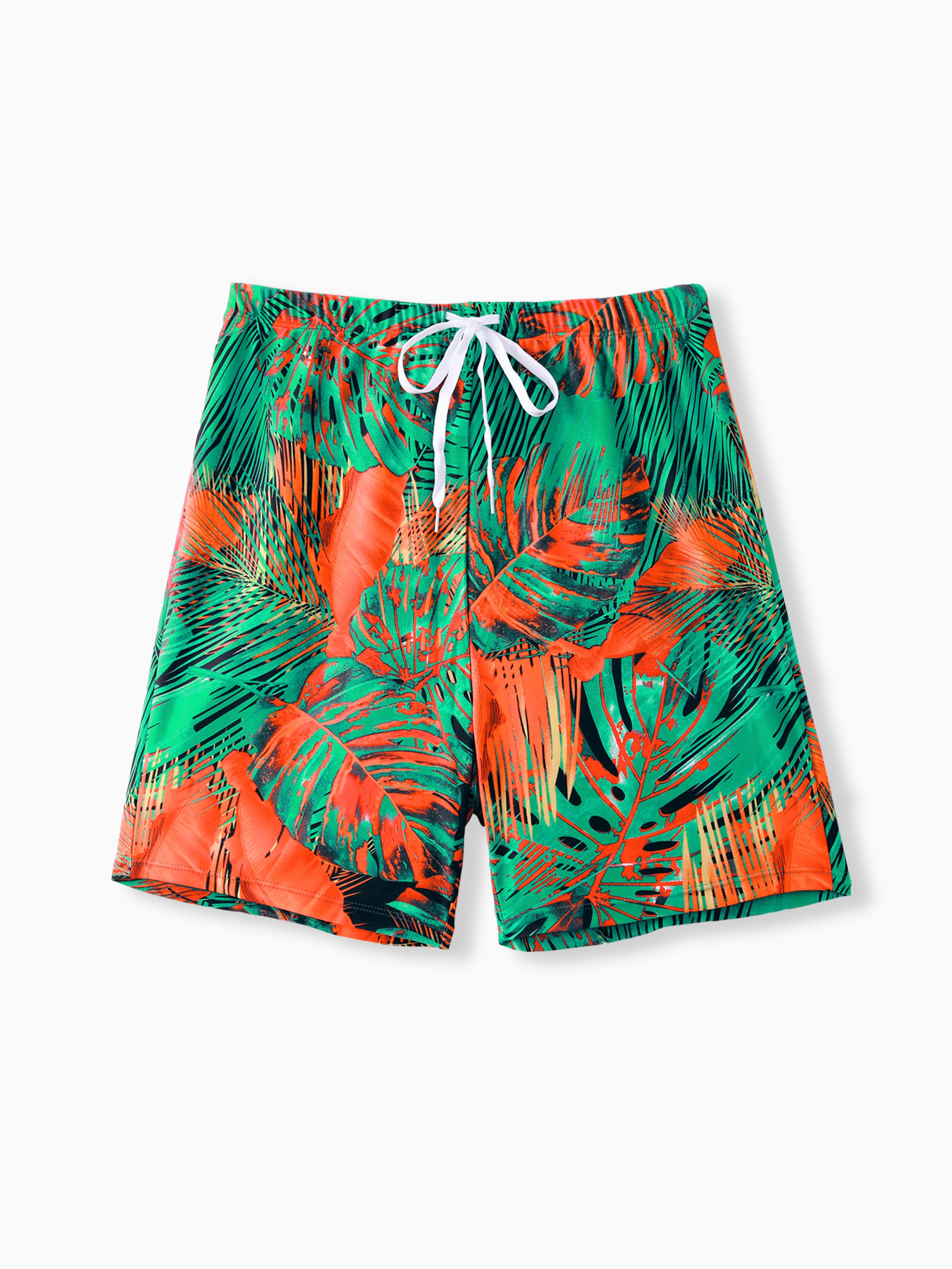 

Family Matching Tropical Leaf Printed One-Piece Swimwear or Drawstring Swim Trunks