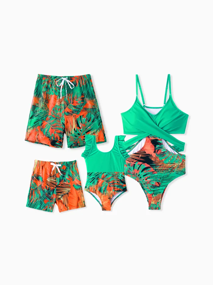 Family Matching Tropical Leaf Printed One-Piece Swimwear or Drawstring Swim Trunks