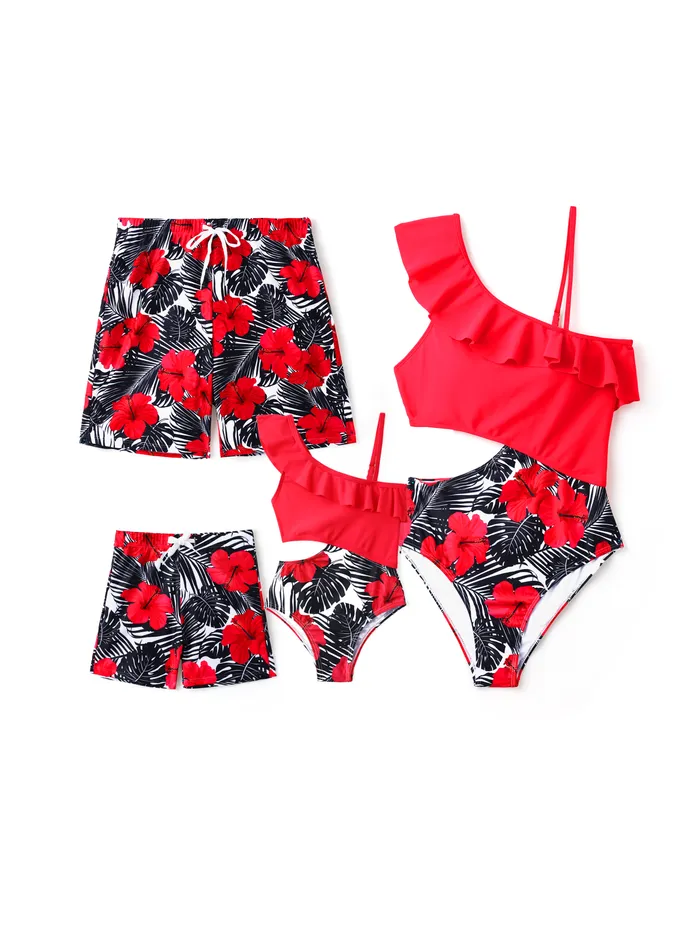 Family Matching Drawstring Swim Trunks or Red Floral Cut Out Ruffle One-Piece Swimsuit