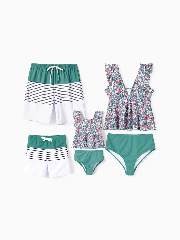 Family Matching Swimsuits Color Block Drawstring Swim Trunks or Floral Top High Waist Bottom Tankini