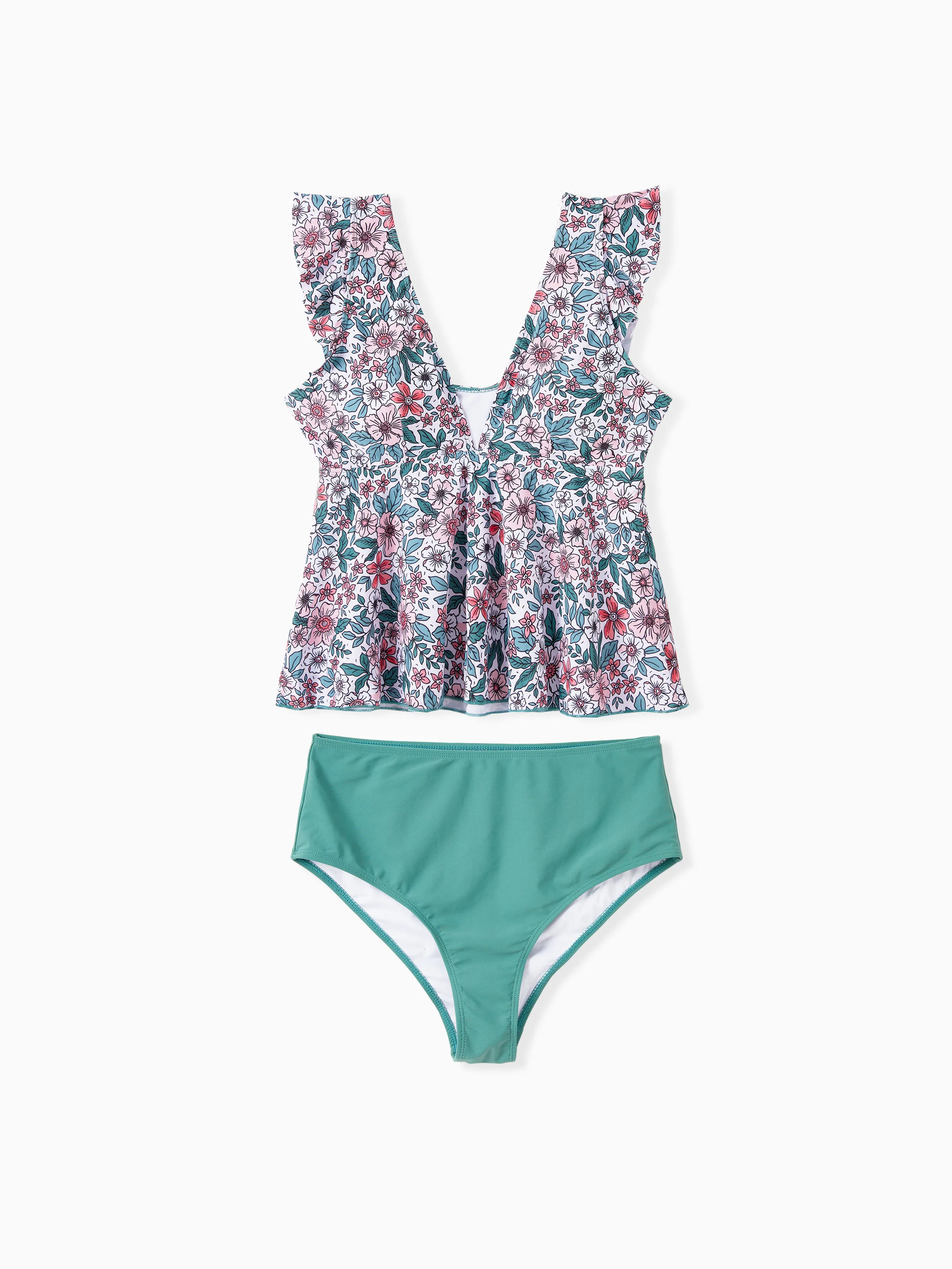 

Family Matching Swimsuits Color Block Drawstring Swim Trunks or Floral Top High Waist Bottom Tankini