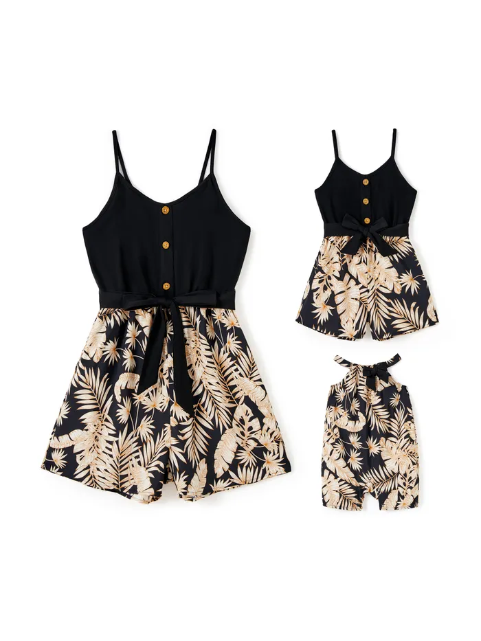 Mommy and Me Camisole Leaf Print Belted One-piece Romper